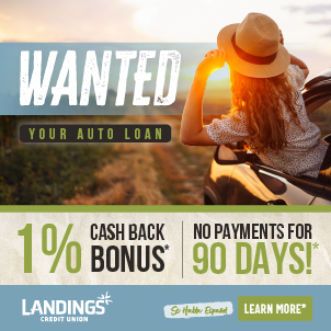 Refinance your existing auto loan from another institution with Landings Credit Union and receive up to 1% cash back and 90 days no payments.  Terms and conditions apply.