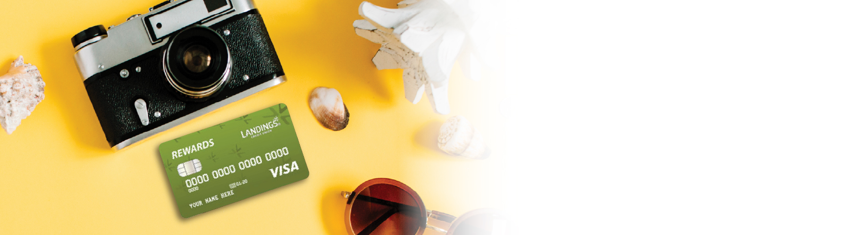 Bright yellow background with a camera and Landings credit card