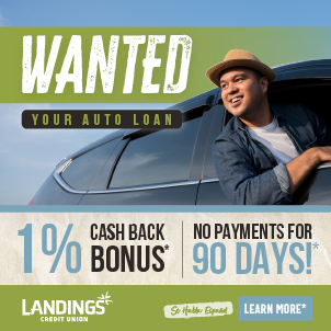 Refinance your existing auto loan from another institution with Landings Credit Union and receive up to 1% cash back and 90 days no payments.  Terms and conditions apply.